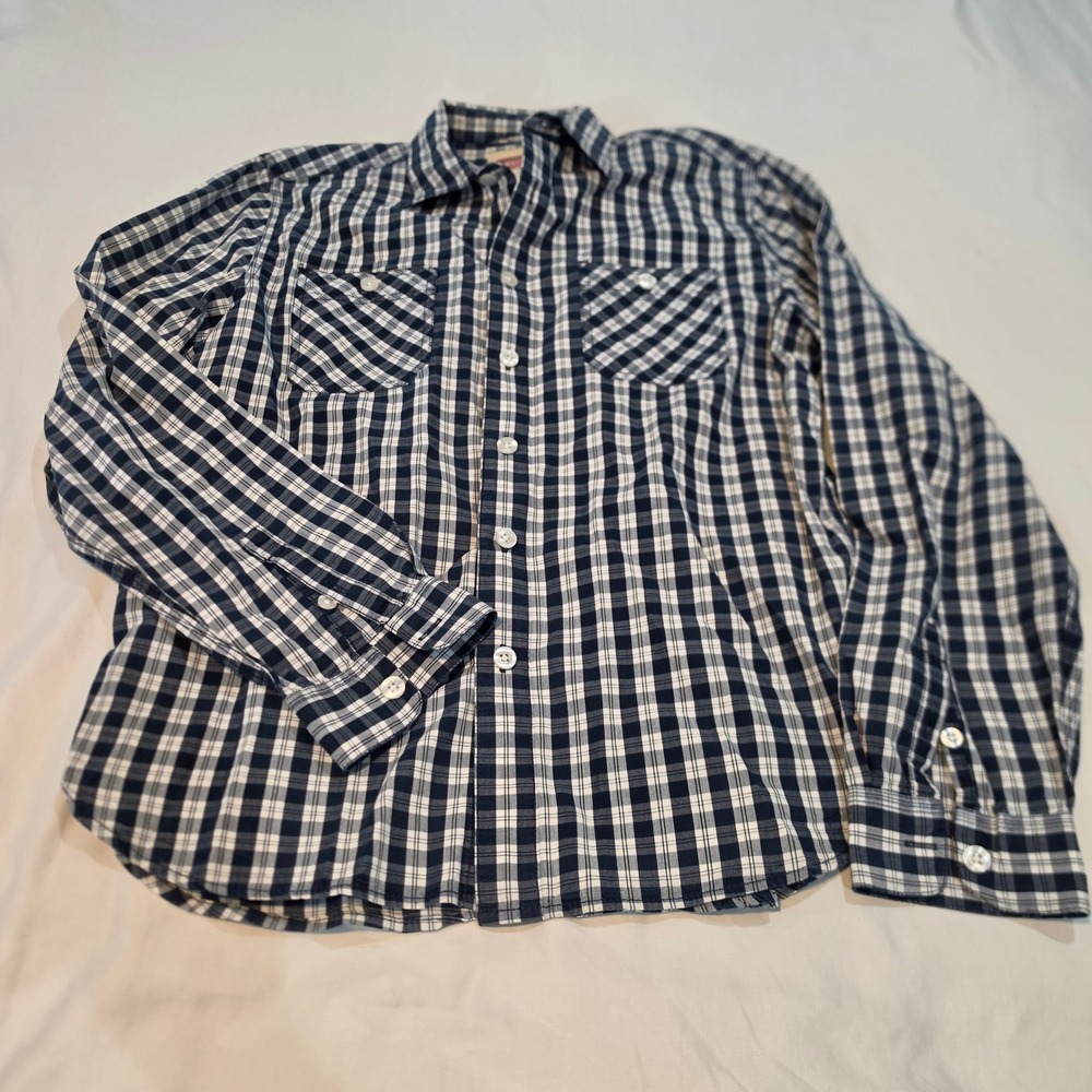 Levi's Plaid Button Down Shirt Mens Medium Navy White Excellent Long Sleeve